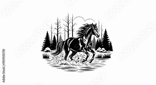 Majestic horse gallops through shallow water amidst evergreen and bare trees