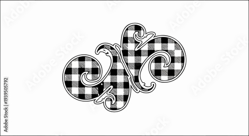 Ornate, graphic swirl design with a black and white gingham texture