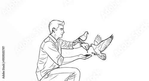Man feeding pigeons, one perched on his arm, another flies near