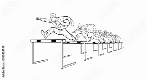 Men in suits race over hurdles in a line, symbolizing competitive progress