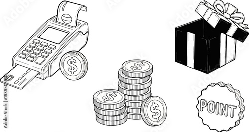 Payment terminal, coins, gift box, and point icon