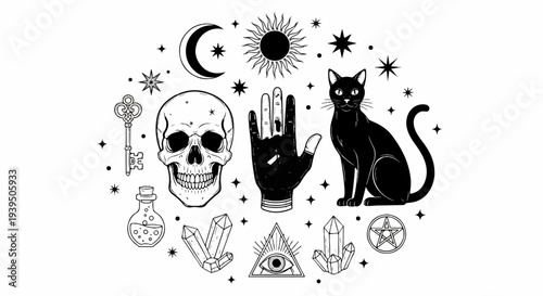 Occult symbols including a black cat, skull, moon, sun, and crystals