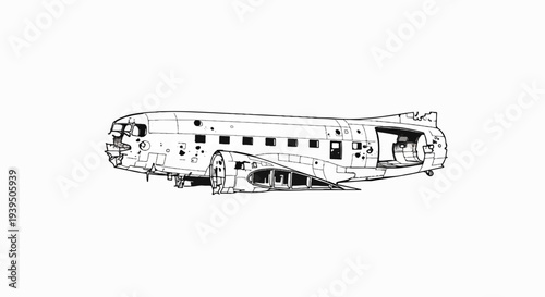 Detailed illustration of a disassembled vintage aircraft fuselage and wings