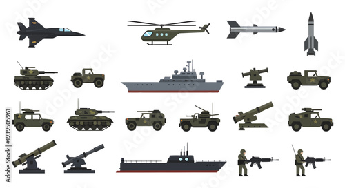 Military Equipment and Vehicles Icon Set, Flat Army Warfare Vector Illustration