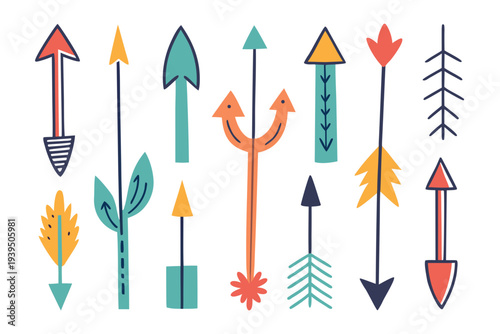 A colorful illustration of various arrows and arrowheads in a flat, minimalist design style