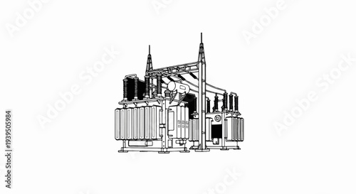 Detailed line drawing of a large electrical substation transformer
