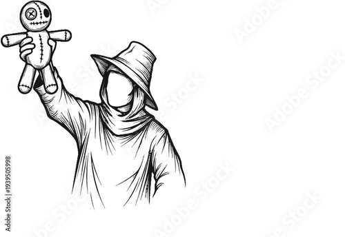 Mysterious figure in a hat holds up a doll