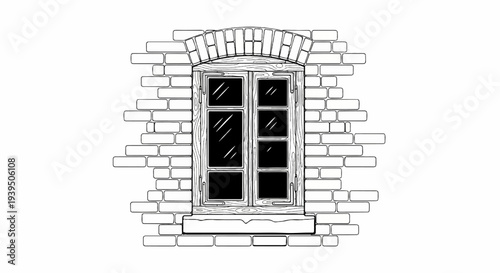 Rustic arched window with wooden frame set into a brick wall