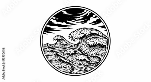 Oval emblem with dramatic black and white crashing ocean waves under stormy skies