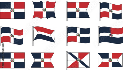 Diverse flags in various styles and orientations, all featuring the same emblem