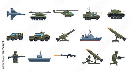 Military Equipment Icon Set - Army Vehicles, Aircraft, Navy Ships, Weapons, and Soldiers Flat Vector Illustrations