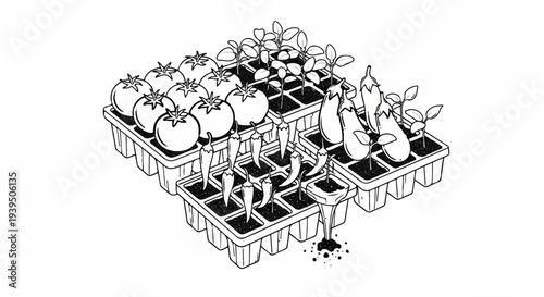 Seedlings of tomatoes, eggplants, and peppers in trays, ready for planting