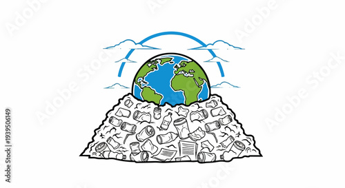 Planet Earth rests precariously on a mountain of discarded waste