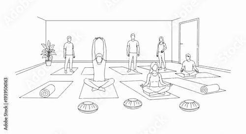 Diverse group practicing yoga in a bright, minimalist studio, serene poses
