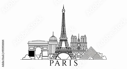 Paris skyline featuring iconic landmarks in black and white line art