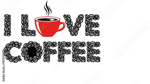 Red cup with steam above "I LOVE" text made of coffee beans