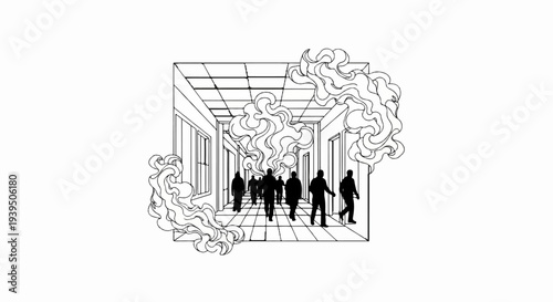 Silhouetted figures flee through a smoke-filled hallway, dramatic