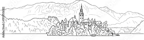 Sketch of a church and buildings on an island with mountains in the background