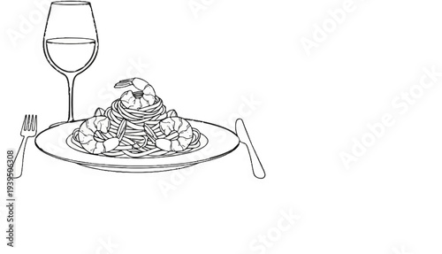 Elegant pasta dish with shrimp, accompanied by a glass of white wine and cutlery