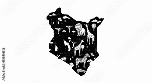 Silhouette map of Kenya filled with iconic African wildlife and scenery