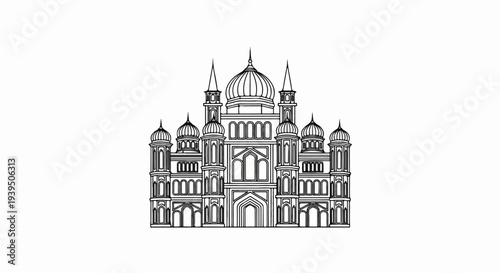 Intricate black and white line drawing of a grand architectural edifice