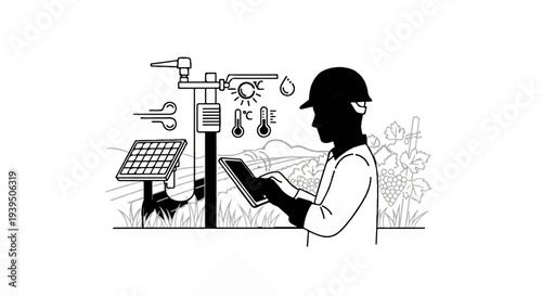 Farmer in vineyard using tablet with weather station and solar panel