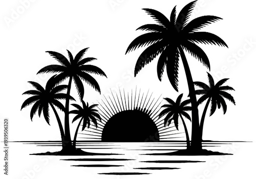 Silhouette of palm trees and a radiant sun setting over a body of water