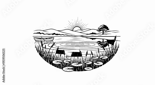 Serene lake scene at sunrise with a boat, lily pads, and distant hills