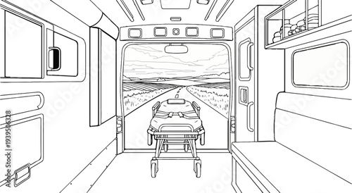 Inside an ambulance, viewing a road, fields, and sky through the back