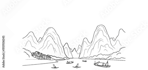 Ink sketch of boats on a river with a village nestled amongst karst mountains