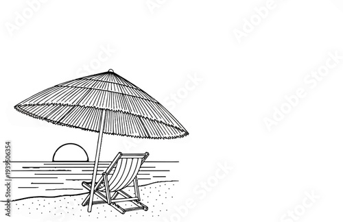 Sketch of a beach chair under a straw umbrella at sunset