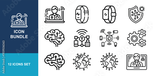 A set of twelve minimalist outline icons representing advanced medical technology, global health threats, and digital communication with healthcare professionals.