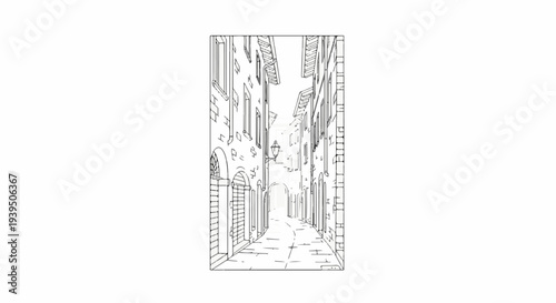 Sketch of an old European cobblestone street lined with buildings