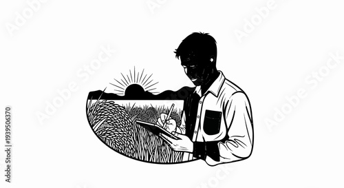 Farmer using tablet in a field at sunrise