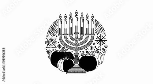 Festive menorah and pumpkins adorned with tribal patterns and starbursts