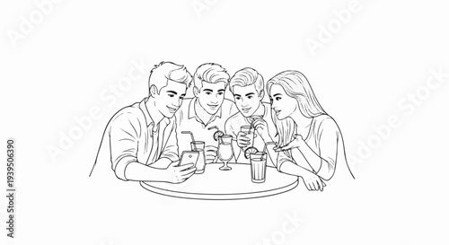 Four friends gathered around a table, looking at a phone and drinking