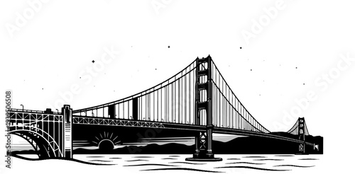 Stylized black and white illustration of a suspension bridge at sunset