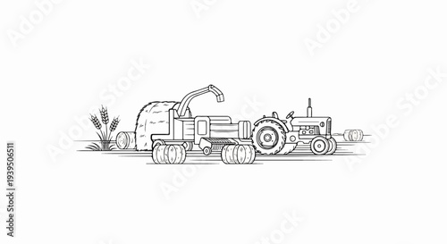 Line art depicts agricultural harvest with tractor and forage chopper