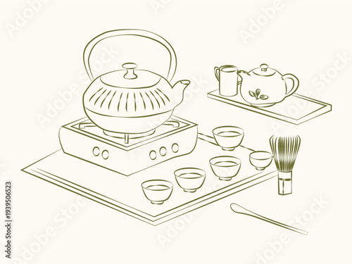 Hand drawn tea ceremony elements background, vector illustration.