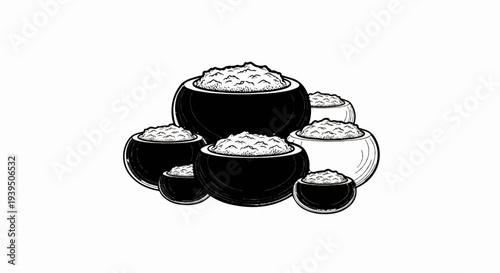 Group of black and white bowls filled with textured food