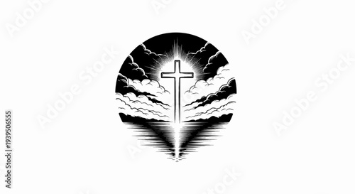 Stylized cross emitting light through clouds and water