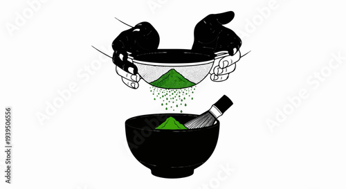 Hands sifting green powder into a black bowl with a whisk