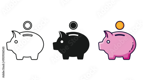 Piggy bank savings money vector illustration flat design - Flat Design Icon. line icon set - Icon vector - Blue icon vector. Clipart. Icon collection - Line and glyph solid icon and logo template