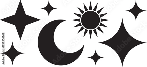 Collection of geometric shapes on white background. Abstract black color icon element of star, sparkling, different shapes, moon, sun silhouette icon set