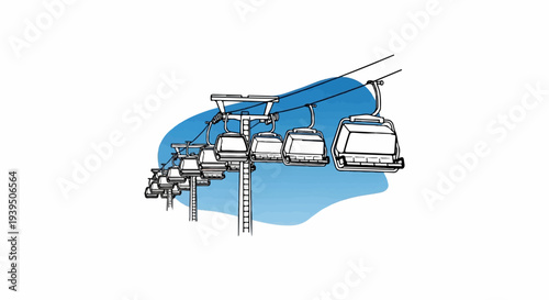 Line art drawing of ski lift chairs suspended from cables with blue sky