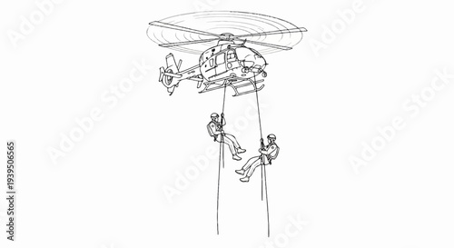 Helicopter rescue operation with two individuals rappelling down ropes