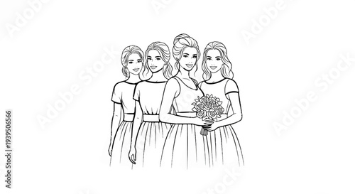 Four women in dresses stand together, one holding a bouquet of flowers