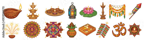 Large collection of Indian festival elements including diya oil lamps fireworks lotus and spiritual symbols for Diwali celebration isolated on white background vector illustration