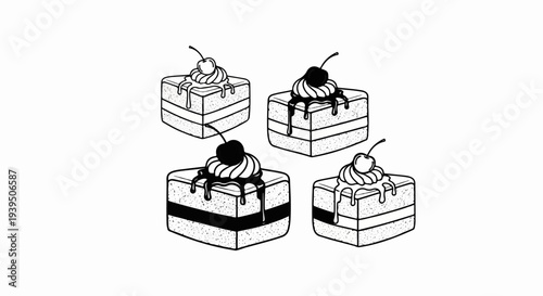 Four cartoon slices of layered cake with cherries and icing drips