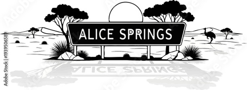 Stylized desert landscape with a prominent road sign